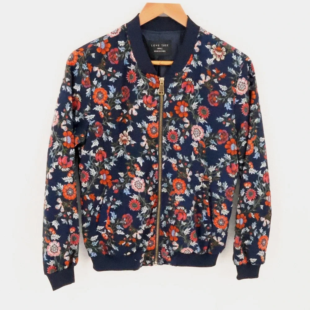 Floral Bomber Jacket Womens Size S Navy Blue Full Zip Pockets Streetwear Indie